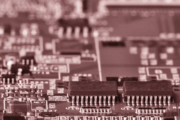 Placa Circuito Impreso Para Fondo Microchips Otros Componentes Pequeña Profundidad —  Fotos de Stock
