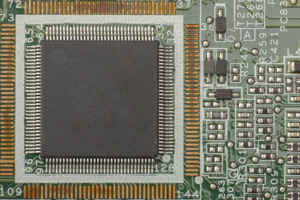 Placa Circuito Impreso Cerca Para Fondo Microchips Otros Componentes Pequeña — Foto de Stock