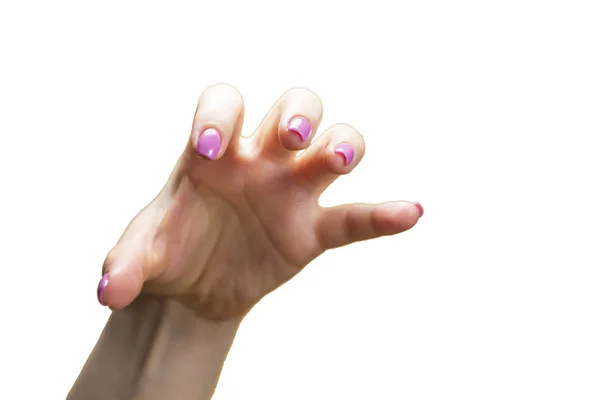 Piękna kobieta ręce z manicure moda różowy. Na białym tle obraz — Zdjęcie stockowe