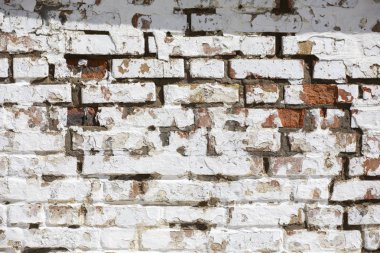 Vintage Eski Tuğla Duvar Doku. Grunge Kırmızı Beyaz Stonewall Yatay Arka Plan. Hasarlı Sıva ile Shabby Bina Cephesi.