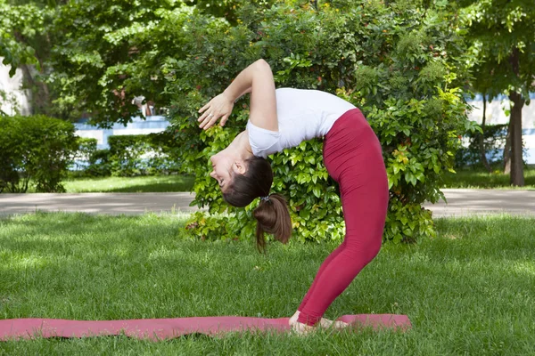 Junge Frau macht Yoga im Morgenpark — Stockfoto