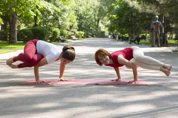 Fitnessgruppe macht Yoga im Park Pose Baum. Training. — Stockfoto