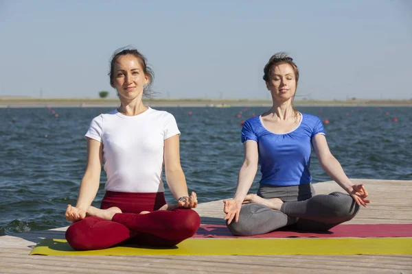 Zwei junge Frauen beim Yoga in der Natur. Fitness, Sport, Yoga und gesundes Lebensstil-Konzept - Gruppe von Yoga-Teilnehmern posiert bei Sonnenuntergang auf der Seebrücke — Stockfoto