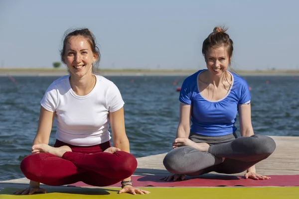 Две молодые женщины занимаются йогой на природе. Мбаппе, спорт, йога и здоровый образ жизни - группа людей, заставляющих йогу позировать на озере Пир на закате — стоковое фото