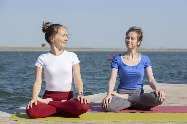 Zwei junge Frauen beim Yoga in der Natur. Fitness, Sport, Yoga und gesundes Lebensstil-Konzept - Gruppe von Yoga-Teilnehmern posiert bei Sonnenuntergang auf der Seebrücke — Stockfoto