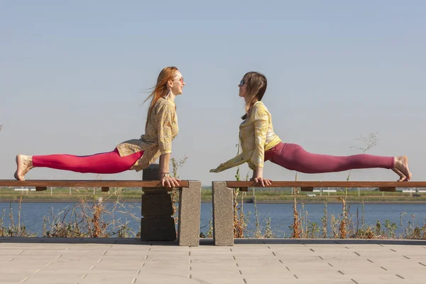 Yoga in the park - meditation and breathing exercises with an experienced trainer, Portrait — Stock Photo, Image