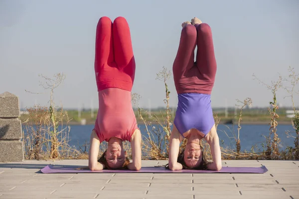 Due donne adulte di età compresa tra yoga all'aperto in estate nel parco — Foto Stock