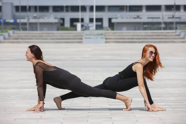 Two mature women keeping fit by doing yoga in the summer