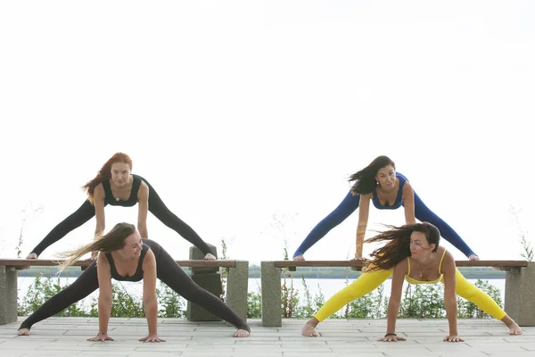 Gruppo di adulti che frequentano una lezione di yoga fuori nel parco — Foto Stock