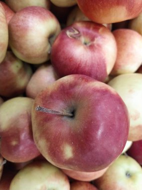 Yapraklarıyla bir grup kırmızı elma.