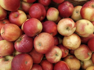 Yapraklarıyla bir grup kırmızı elma.