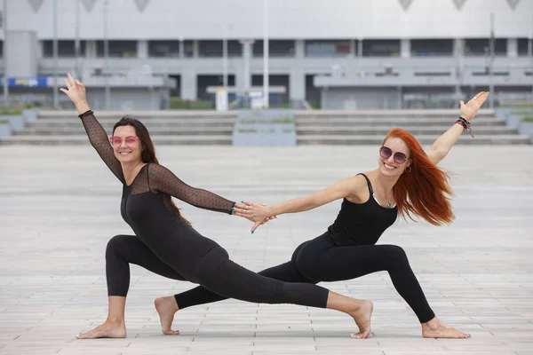 Duas mulheres maduras mantendo-se em forma, fazendo ioga no verão — Fotografia de Stock