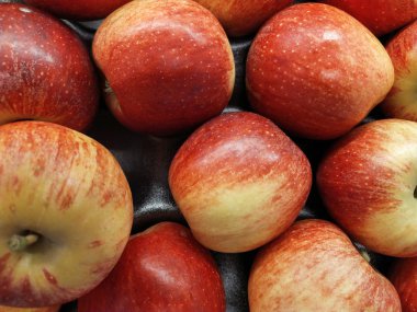 Yapraklarıyla bir grup kırmızı elma.