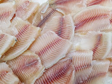 Buz üzerinde Whitefish Tilapia balık RAW fileto. seçici odak.