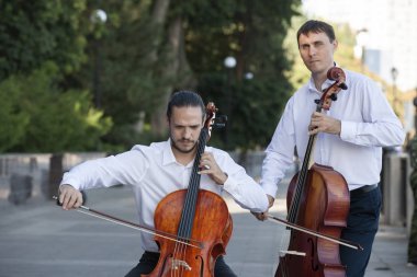 Klasik müzik profesyonel çello oyuncu solo performansı, eller yukarı, tanınmayan kişi yakın