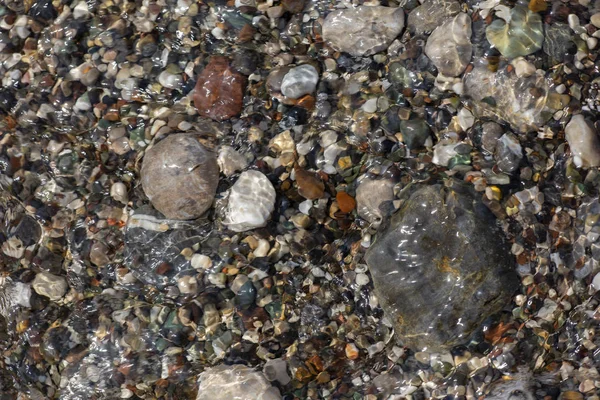 Textura de pedras. Antecedentes os seixos multi-coloridos úmidos fechar o foco suave de na praia de seixos em tempo nublado . — Fotografia de Stock
