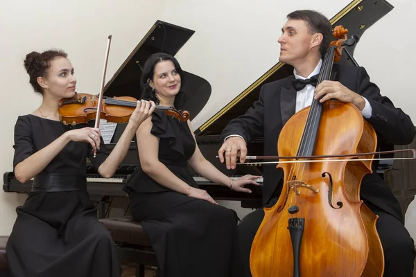 Family music trio. A young violinist and cellist play, the pianist accompanies them. — Stock Photo, Image