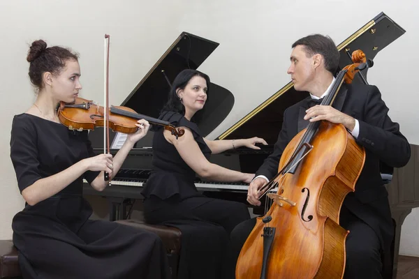 Músicos da orquestra sinfônica. Jovem violinista e violoncelista, o pianista acompanha-os . — Fotografia de Stock