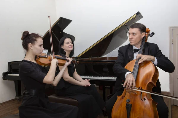 Symfoniorkesterns musiker. En ung violinist och cellist spelar, pianisten följer med dem. — Stockfoto