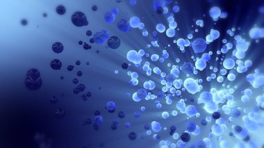 Kaotik küreler ve topu Mavi Soyut 3d render. Boş uzayda uçan parçacıklar. Dinamik şekil. Bokeh, alan etkili derinliği ile fütüristik arka plan.