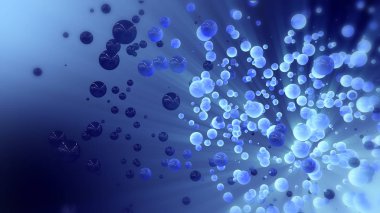 Kaotik küreler ve topu Mavi Soyut 3d render. Boş uzayda uçan parçacıklar. Dinamik şekil. Bokeh, alan etkili derinliği ile fütüristik arka plan.