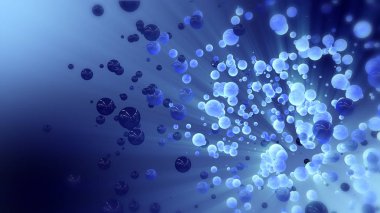 Kaotik küreler ve topu Mavi Soyut 3d render. Boş uzayda uçan parçacıklar. Dinamik şekil. Bokeh, alan etkili derinliği ile fütüristik arka plan.