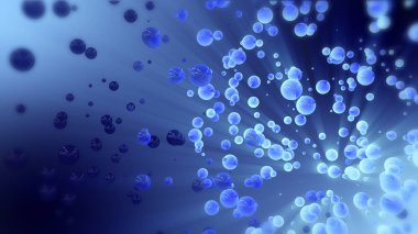 Kaotik küreler ve topu Mavi Soyut 3d render. Boş uzayda uçan parçacıklar. Dinamik şekil. Bokeh, alan etkili derinliği ile fütüristik arka plan.