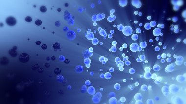 Kaotik küreler ve topu Mavi Soyut 3d render. Boş uzayda uçan parçacıklar. Dinamik şekil. Bokeh, alan etkili derinliği ile fütüristik arka plan.