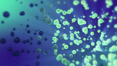 Mavi ve yeşil kaotik küreler ve topu Soyut 3d render. Boş uzayda uçan parçacıklar. Dinamik şekil. Bokeh, alan etkili derinliği ile fütüristik arka plan.