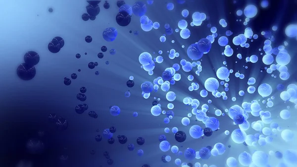 蓝色抽象3D 渲染混沌球体和球 在空的空间飞行微粒 动态形状 具有散景的未来背景 场效应的深度 — 图库照片