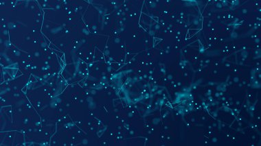 Sibernetik parçacıkları ile dijital arka plan. üçgen hücrelerle geometrik arka plan. Koyu arka plan üzerinde çokgenler ile parlak mavi dijital resimler. Pleksus bağlı çizgiler hareket