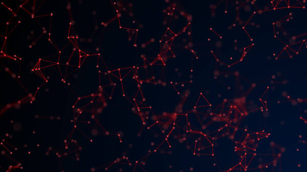 Abstract digital background with cybernetic particles. geometric background with triangular cells. Bright red digital illustrations with polygons on dark background. Plexus connected lines motion.