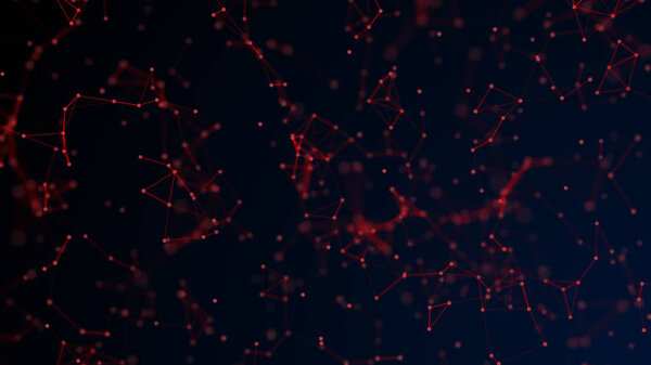Abstract digital background with cybernetic particles. geometric background with triangular cells. Bright red digital illustrations with polygons on dark background. Plexus connected lines motion.