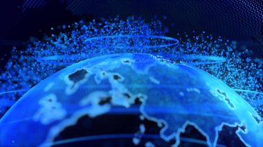 Dünya teknoloji, iş ve iletişim arka plan mavi 3d render. Dünya küre pleksus parçacıkları ile dönme. TV haber