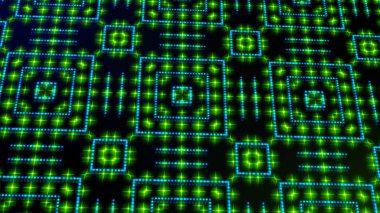 Hareketli ışık shinning yeşil ve mavi noktalar ve yıldız şekiller kare. Parlak shinning noktalar ve yıldız 3d kamera hareketi ile renkli. Neon ve yıldız ve nokta etkisi ile arka plan