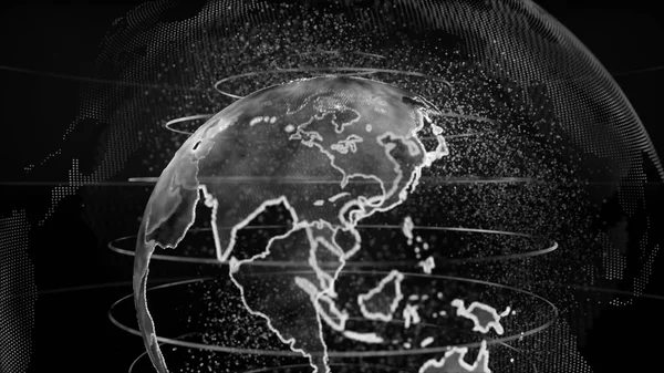 Siyah ve beyaz dünya teknoloji, iş ve iletişim arka plan 3d render. Dünya küre pleksus parçacıkları ile dönme. TV haber