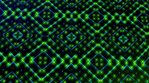 Animated light shinning green and blue dots and stars square shapes. Bright shinning colored dots and stars with 3D camera movement. Abstract background with neon and stars and dots effect
