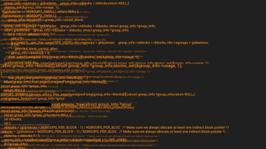 Turuncu ekran hacker kavramı animasyon aksaklık ile kodlama. Programlama kodu hata yazarak. Büyük veri ve Internet siber saldırı. Programlama kod soyut. Blockchain kavramı, bilgisayar dijital kod
