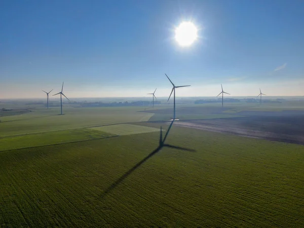 Aerial View Wind Turbines Agricultural Fields Beautiful Blue Winter Day — Stock Photo, Image