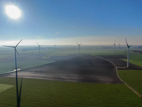 Aerial View Wind Turbines Agricultural Fields Beautiful Blue Winter Day — Stock Photo, Image