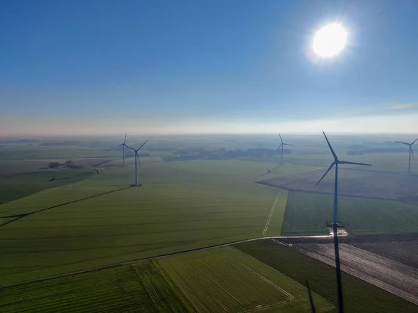 Aerial View Wind Turbines Agricultural Fields Beautiful Blue Winter Day — Stock Photo, Image