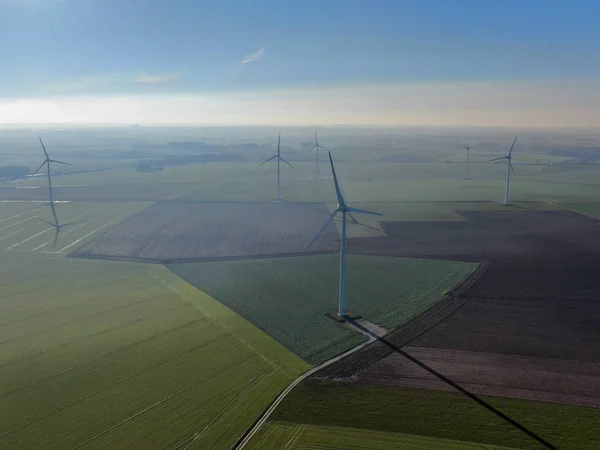 Aerial View Wind Turbines Agricultural Fields Beautiful Blue Winter Day — Stock Photo, Image