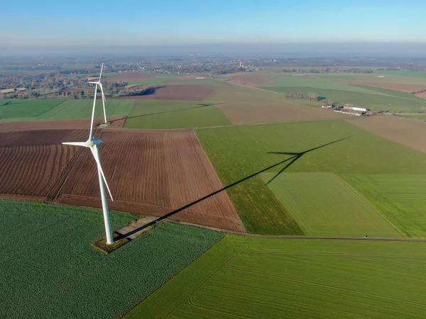 Aerial View Wind Turbines Agricultural Fields Beautiful Blue Winter Day — Stock Photo, Image