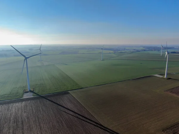 Aerial View Wind Turbines Agricultural Fields Beautiful Blue Winter Day — Stock Photo, Image