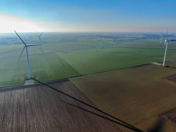 Aerial View Wind Turbines Agricultural Fields Beautiful Blue Winter Day — Stock Photo, Image