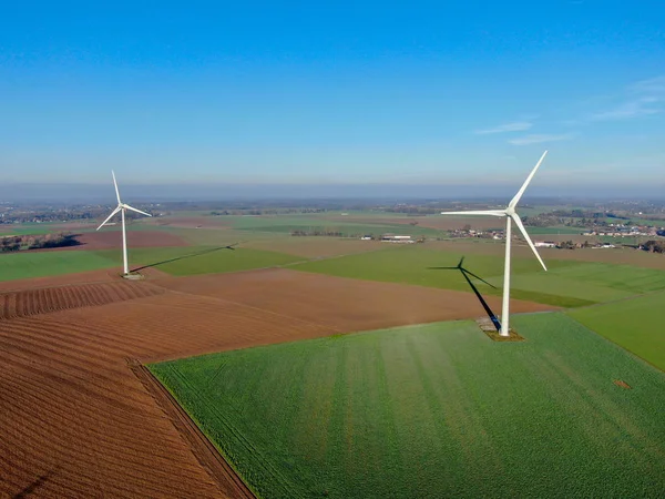 Aerial View Wind Turbines Agricultural Fields Beautiful Blue Winter Day — Stock Photo, Image