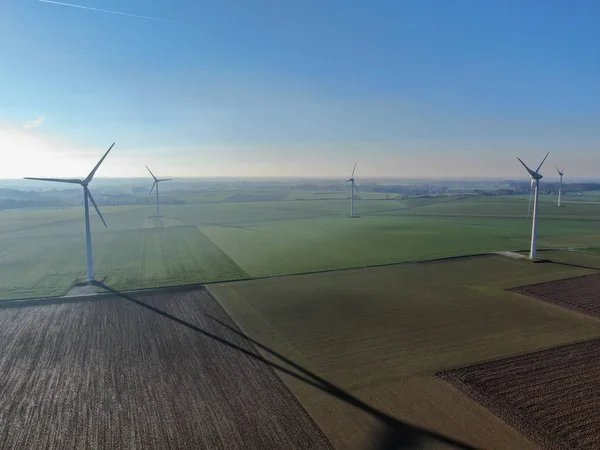 Aerial View Wind Turbines Agricultural Fields Beautiful Blue Winter Day — Stock Photo, Image