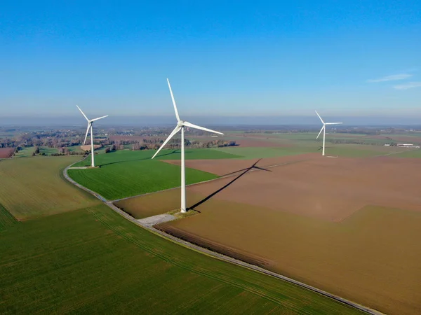 Aerial View Wind Turbines Agricultural Fields Beautiful Blue Winter Day — Stock Photo, Image