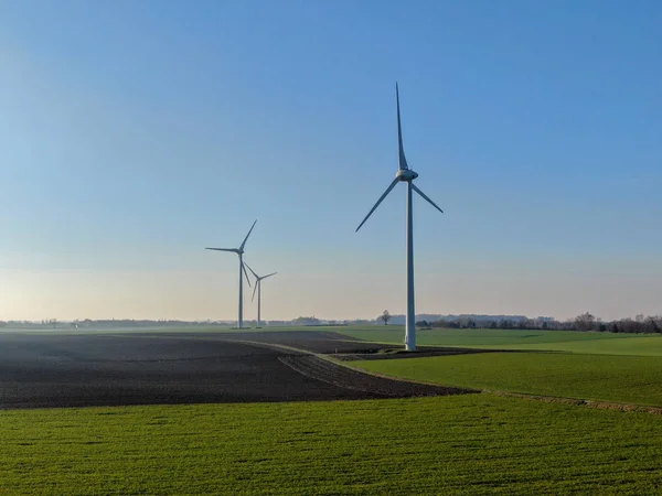 Aerial View Wind Turbines Agricultural Fields Beautiful Blue Winter Day — Stock Photo, Image