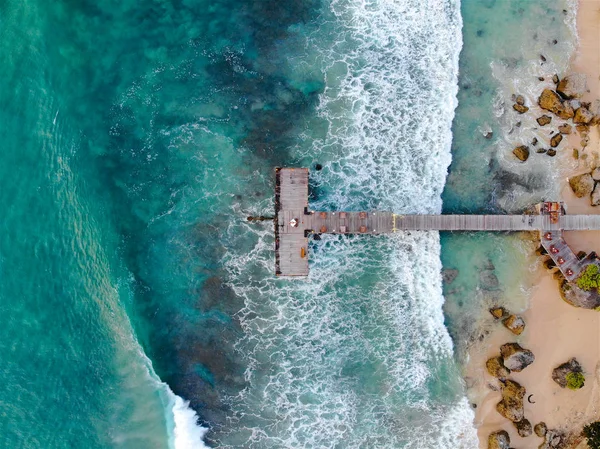 Aerial View Dock Tropical Blue Water Sand Beach Waves Wooden — Stock Photo, Image